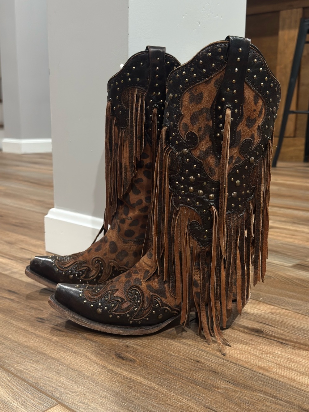 CORRAL Suede Snip-Toe Leopard Print Studded Fringe Western Cowboy Boots | Size 7